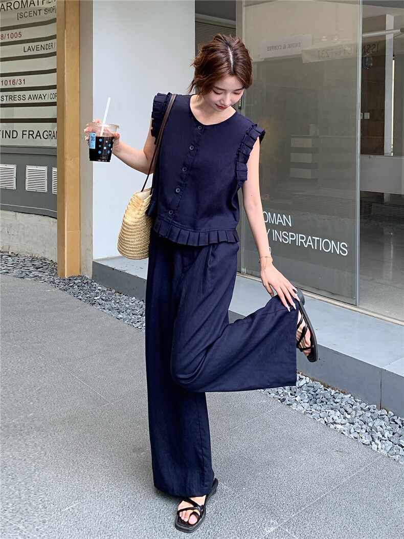 韩系木耳边无袖马甲套装女2025夏季新款气质显瘦百搭阔腿裤两件套,女装套装/套裙,浙宝208A