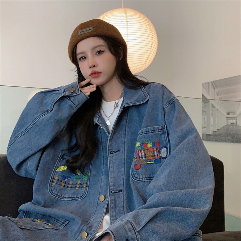 D318-P85 美式复古花朵刺绣设计小众牛仔外套男女夹克上衣图片