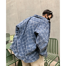 2025港风格子牛仔定制面料夹克男大码M-5XL复古男NZ77090P95控138，男装工装外套，星座227-7