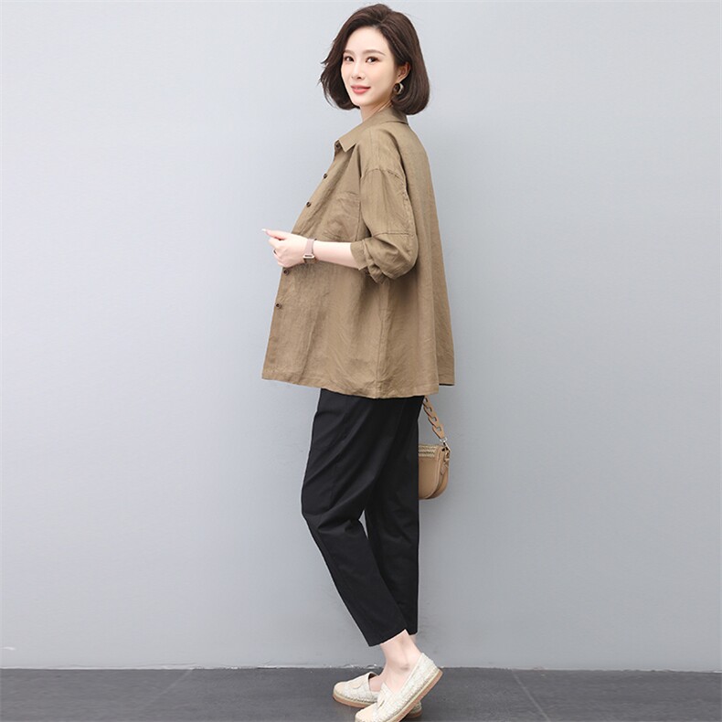 中年妈妈春季休闲亚麻长袖衬衫女2023新款两件套装,女装套装/套裙,忆绮罗