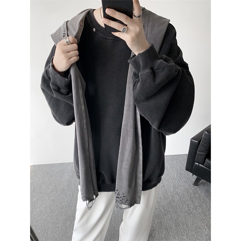 8XL-M高品质美式雕刻可拆卸破洞帽洗水深灰多穿法圆领卫衣WY28P88,男装卫衣,电商D206-1