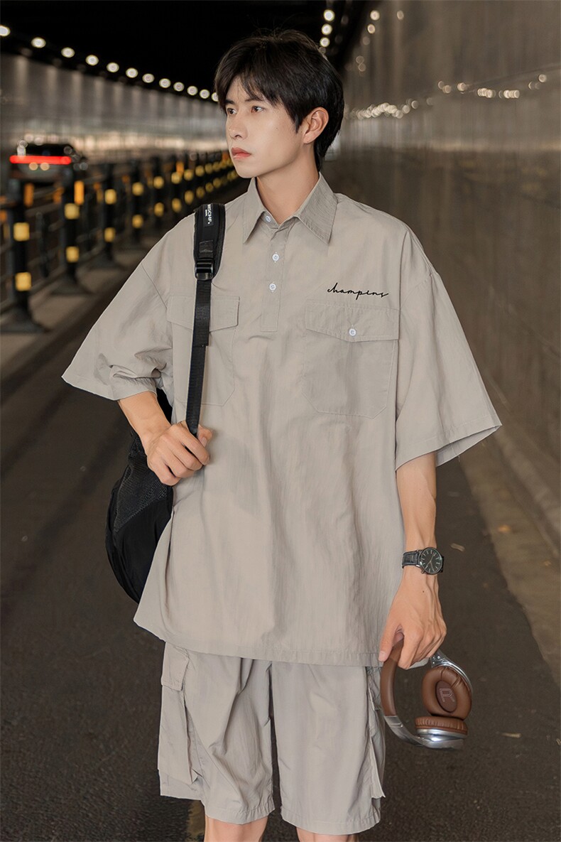 港风24夏款工装大口袋字母小印花翻领套装TPTZ1401P60控99,男装休闲套装,电商A268A