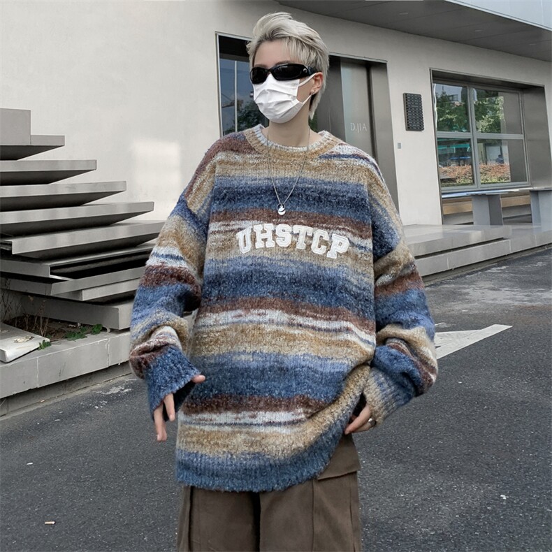 秋冬男圆领套头毛衣条纹扎染字母刺绣渐变色针织外套M220P65,男装针织衫/毛衣,星座1013-1