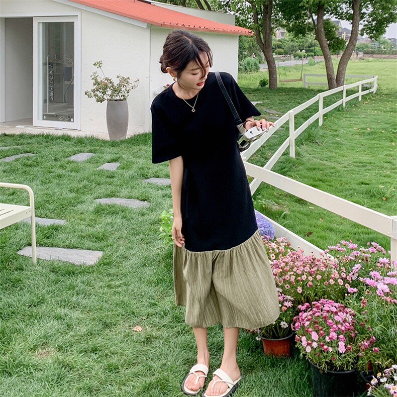 撞色拼接T恤连衣裙女2025年夏季新款高级感宽松气质显瘦过膝长裙,女装连衣裙,维壹