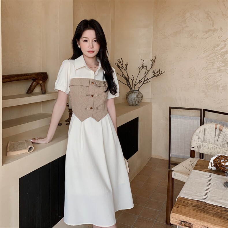 现货新款夏装2024年新中式假两件洋气减龄小个子显瘦连衣裙，女装连衣裙，乔米娜