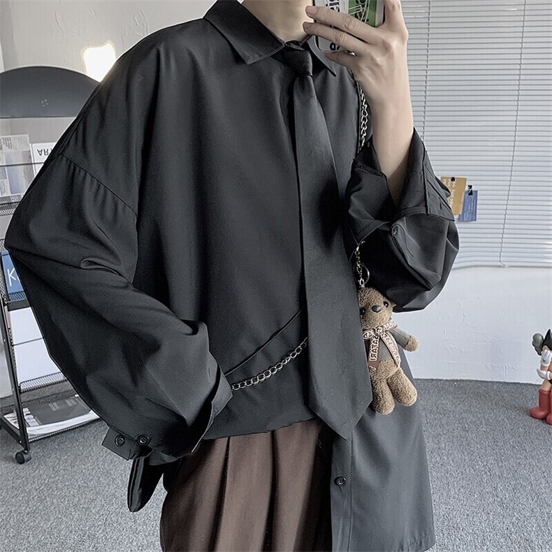 送领带中性夏季冰丝长袖衬衫男女港风DK帅气外穿衬衣C623/P35,男装衬衫,电商D202-1