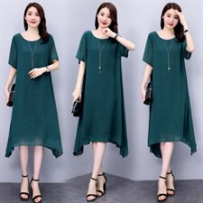 现货大码胖mm连衣裙夏中长款显瘦遮肚200斤中年妈妈真丝雪纺裙潮，女装连衣裙，深妍伊美