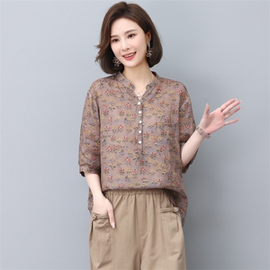 苎麻上衣女夏季2024年新款大码宽松中年妈妈薄款中袖印花休闲衬衫图片
