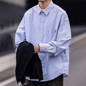 cityboy日系复古廓形条纹衬衫男女港风宽松长袖衬衣春季新款图片