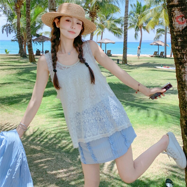 韩系设计感气质花边防晒衬衫短裙女装夏季新款时尚百搭一整套穿搭,女装防晒衣,2C058