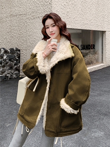 姜黄色羊羔毛拼接派克服女2025冬季新款韩系皮毛一体加绒加厚棉服图片