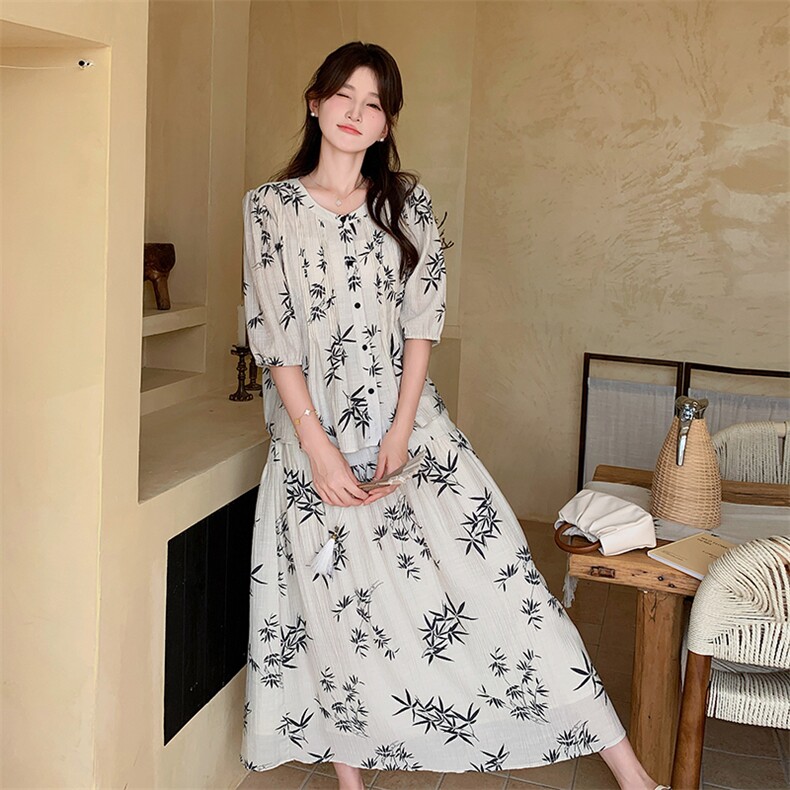 新中式国风印花套装女2025夏季新款宽松显瘦气质上衣半身裙两件套，女装套装/套裙，2C115