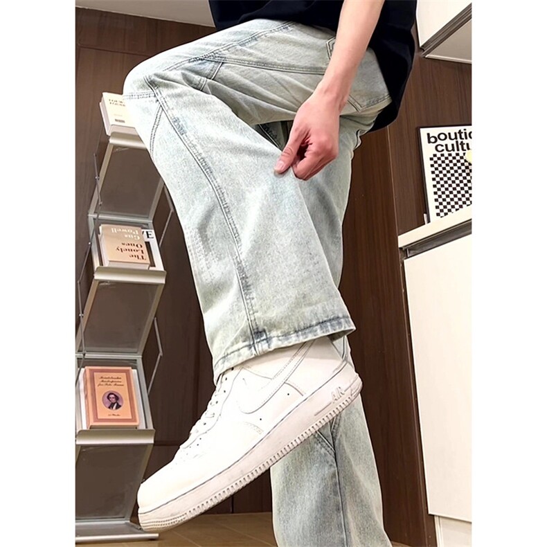 美式高街设计感拼接牛仔裤男潮牌宽松水洗做旧阔腿裤K505批60控78,男装牛仔裤,星座218-5