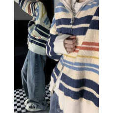 复古撞色条纹拉链针织外套男女情侣慵懒长袖新款宽松型开衫常规款，男装针织衫/毛衣，星座506A