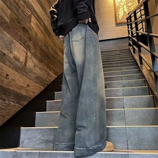 美式高街复古牛仔裤男士2024新款潮牌痞帅休闲宽松直筒长裤子，男装牛仔裤，星座716-4
