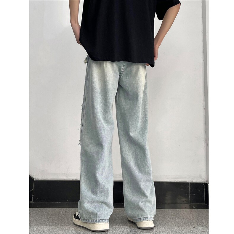 现货复古直筒拼接宽松阔腿浅蓝色牛仔裤2XZ502-K638-P55控79,男装牛仔裤,星座502