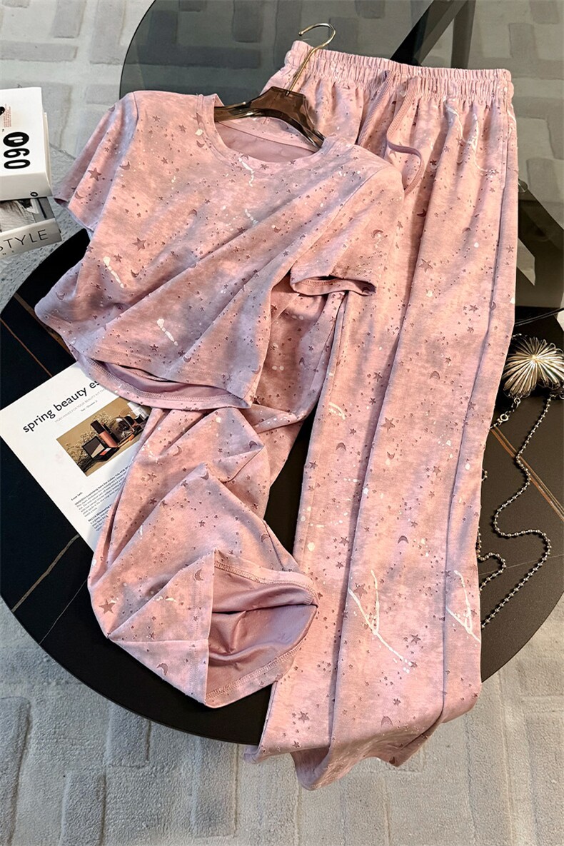 网红炸街时尚运动套装女夏新款粉色扎染短袖上衣高腰阔腿裤两件套,女装套装/套裙,2C310