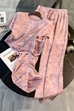 网红炸街时尚运动套装女夏新款粉色扎染短袖上衣高腰阔腿裤两件套，女装套装/套裙，2C310