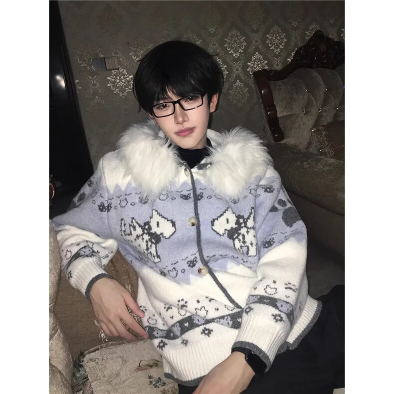 美式复古大毛领提花连帽针织开衫小狗毛衣男女冬季保暖外套MY532图片