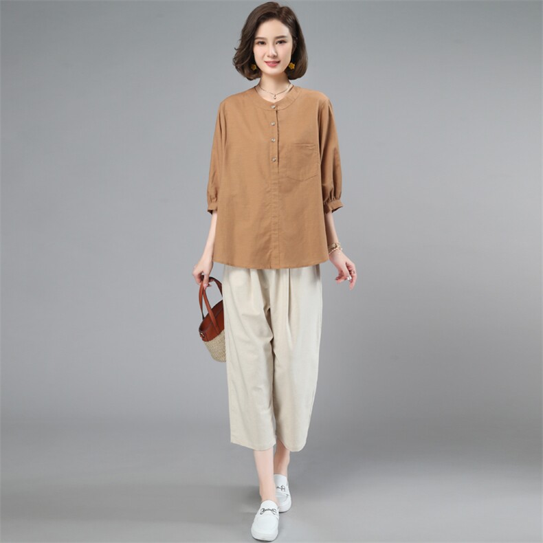 棉麻套装女夏2025新款小个子中年妈妈大码时尚洋气减龄亚麻两件套图片