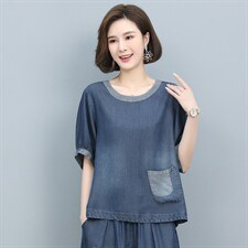 时尚宽松牛仔短袖T恤女夏季新款休闲百搭透气上衣，女装T恤，悦见她