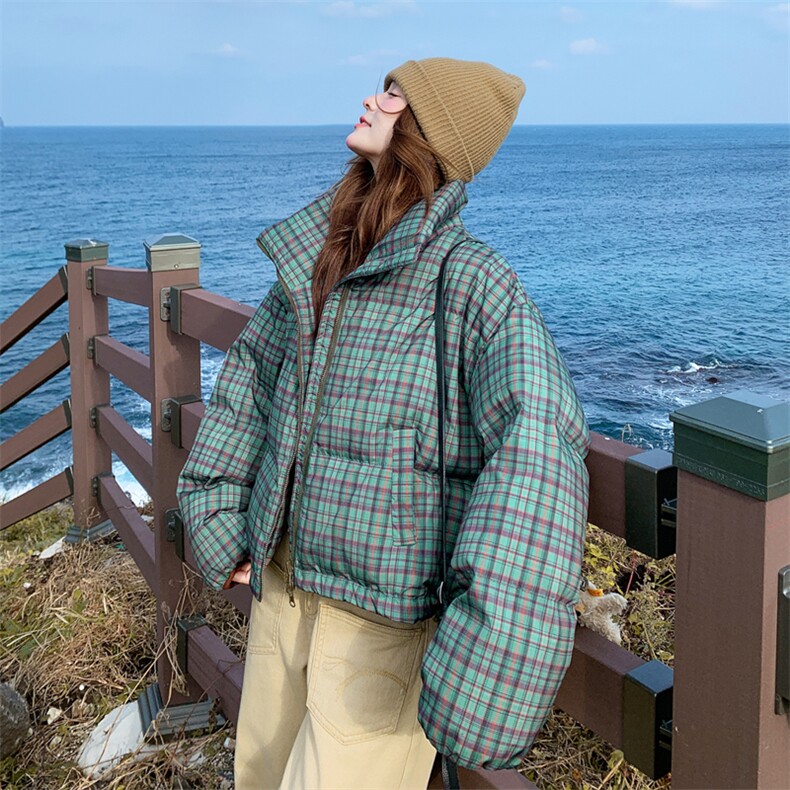 【现】【货】绿色格子90白鸭绒羽绒服短外套2C158-6028-P255-K378,女装羽绒服,2C158