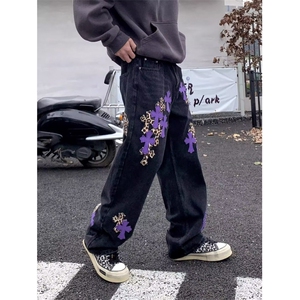 十字架撞色拼皮牛仔裤男女高腰显瘦美式复古高级感直筒休闲裤潮图片