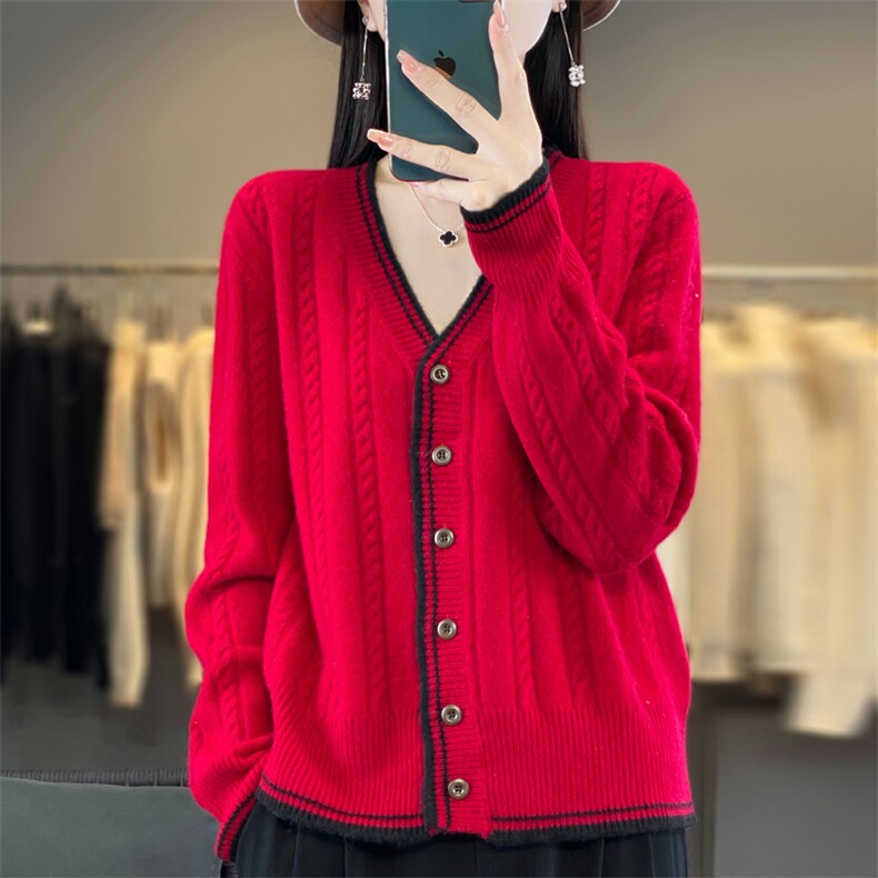 2024秋季新款单排扣V领长袖短款开衫休闲百搭,女装羊毛衫,端硕羊绒