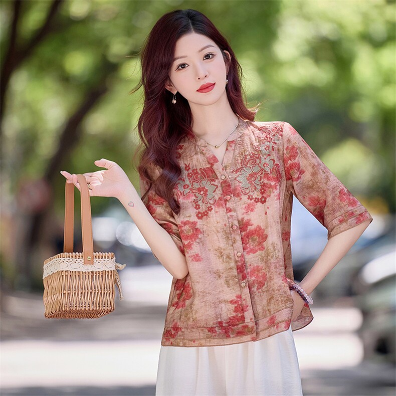 现货！夏季新款2025套装女简约时尚优雅气质天丝麻料印花刺绣上衣,女装衬衫,涵墨