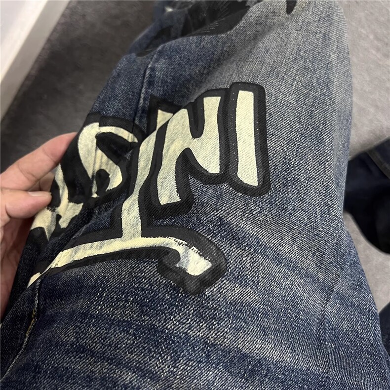 潮牌卡通涂鸦牛仔裤男复古做旧宽松直筒裤个性印花街头风痞帅长裤,男装牛仔裤,四季星座505