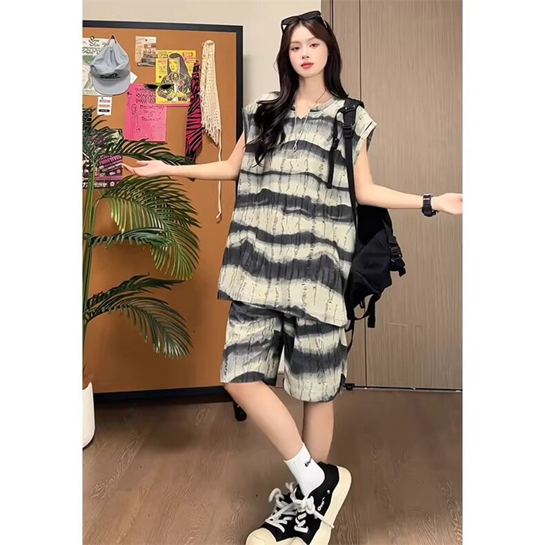 小个子显高穿搭套装男女款扎染美式复古运动休闲无袖背心短裤整套,男装休闲套装,星座506A
