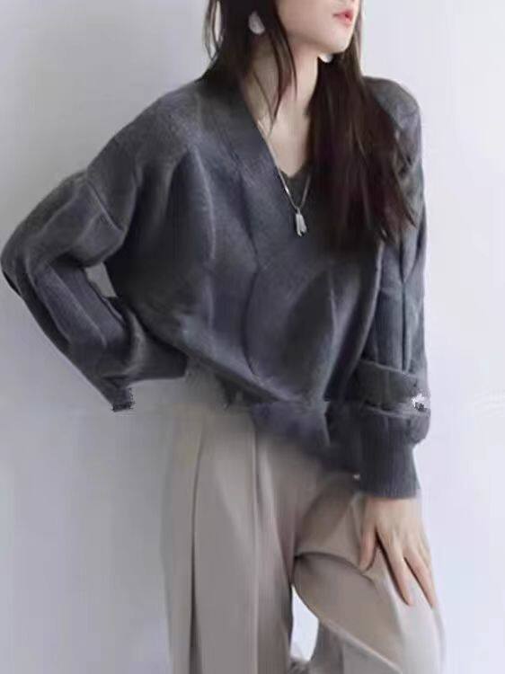 新款纯色v领绞花针织套头上衣时尚百搭,针织衫/毛衣,冀清阳荣