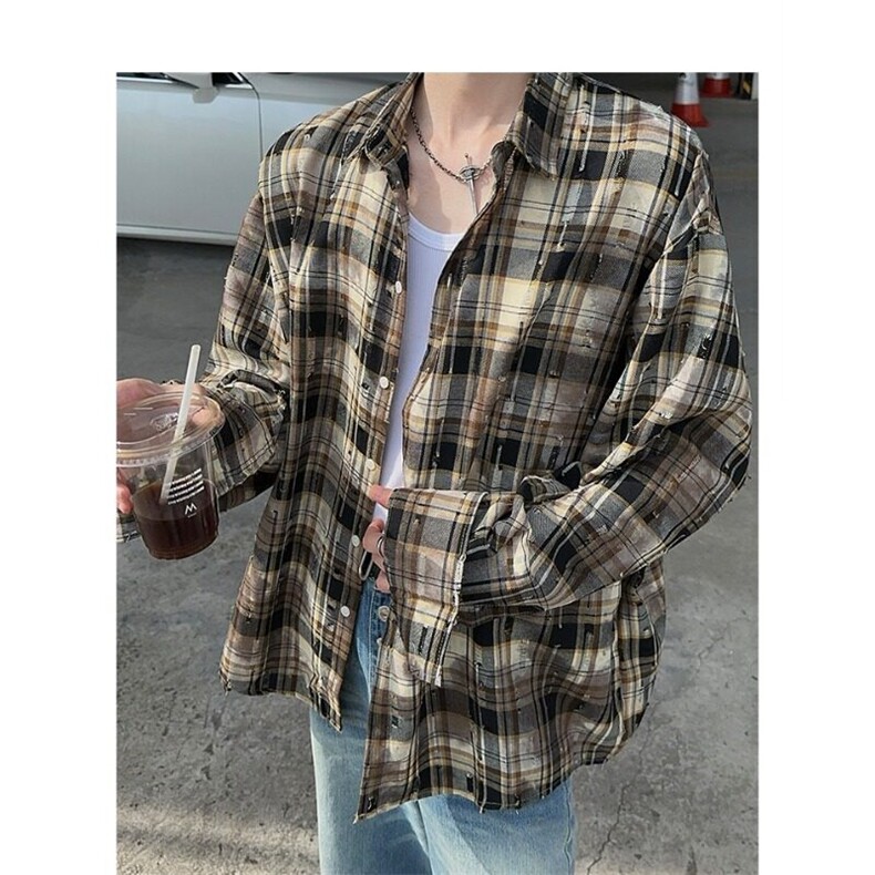 现货网络图高质量纯棉长袖宽松款破洞衬衫SN8882-P45,男装衬衫,星座1109-4