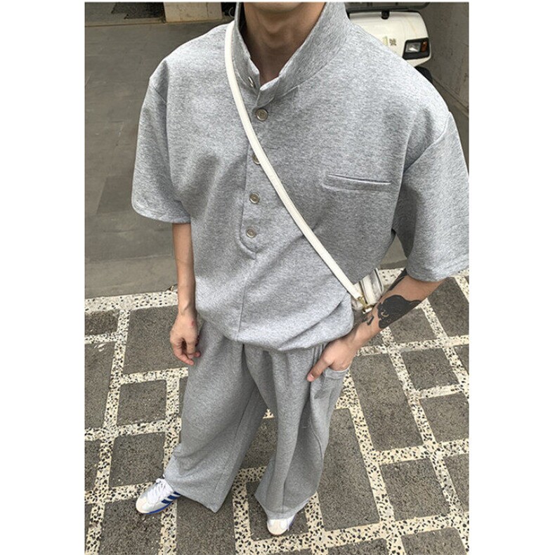 夏季新款慵懒宽松纽扣立领短袖T恤男百搭潮流休闲运动套装 TZ15图片