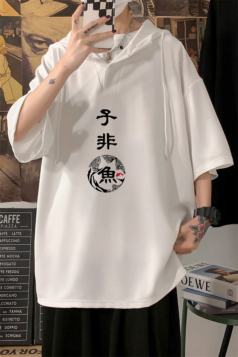 LD54070-P45连帽短袖t恤男大码胖子带帽五分袖中袖海报风,男装T恤,电商A040