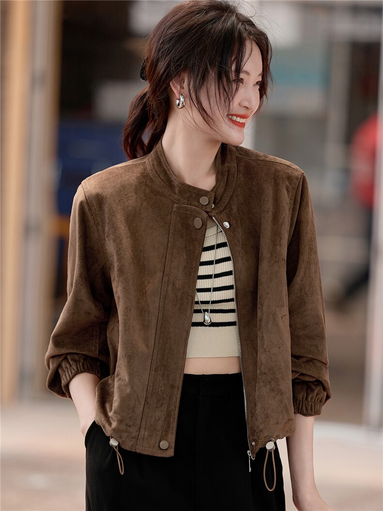 2026新款春季新款女装外套女复古感麂皮绒咖色短款圆领韩版百搭,女装皮衣,潮流依族