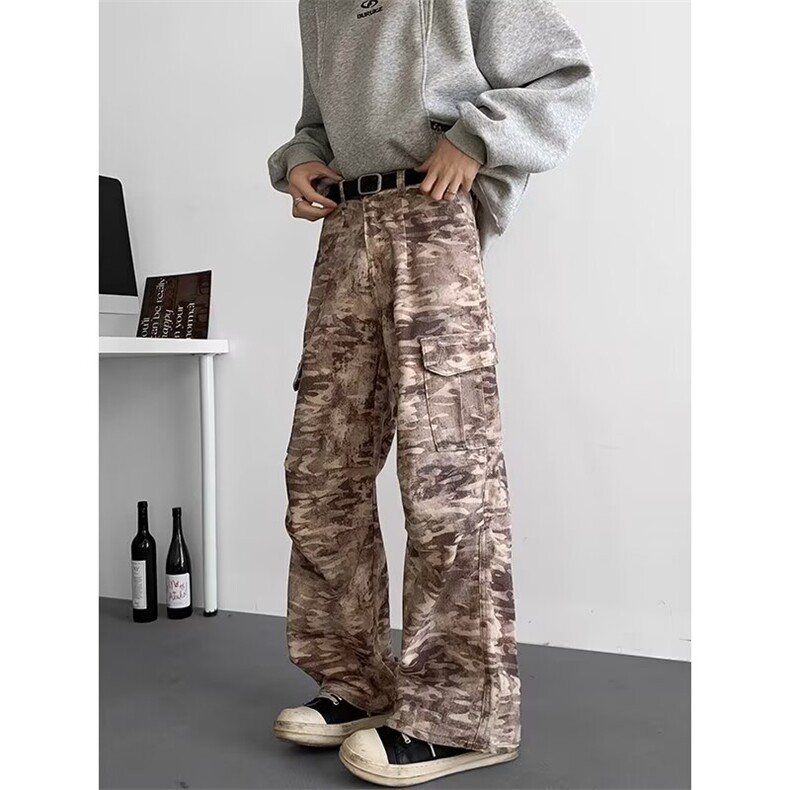 褶皱迷彩伞兵工装裤男秋季美式复古春秋款潮牌宽松直筒裤G46/P60,男装休闲裤,星座506