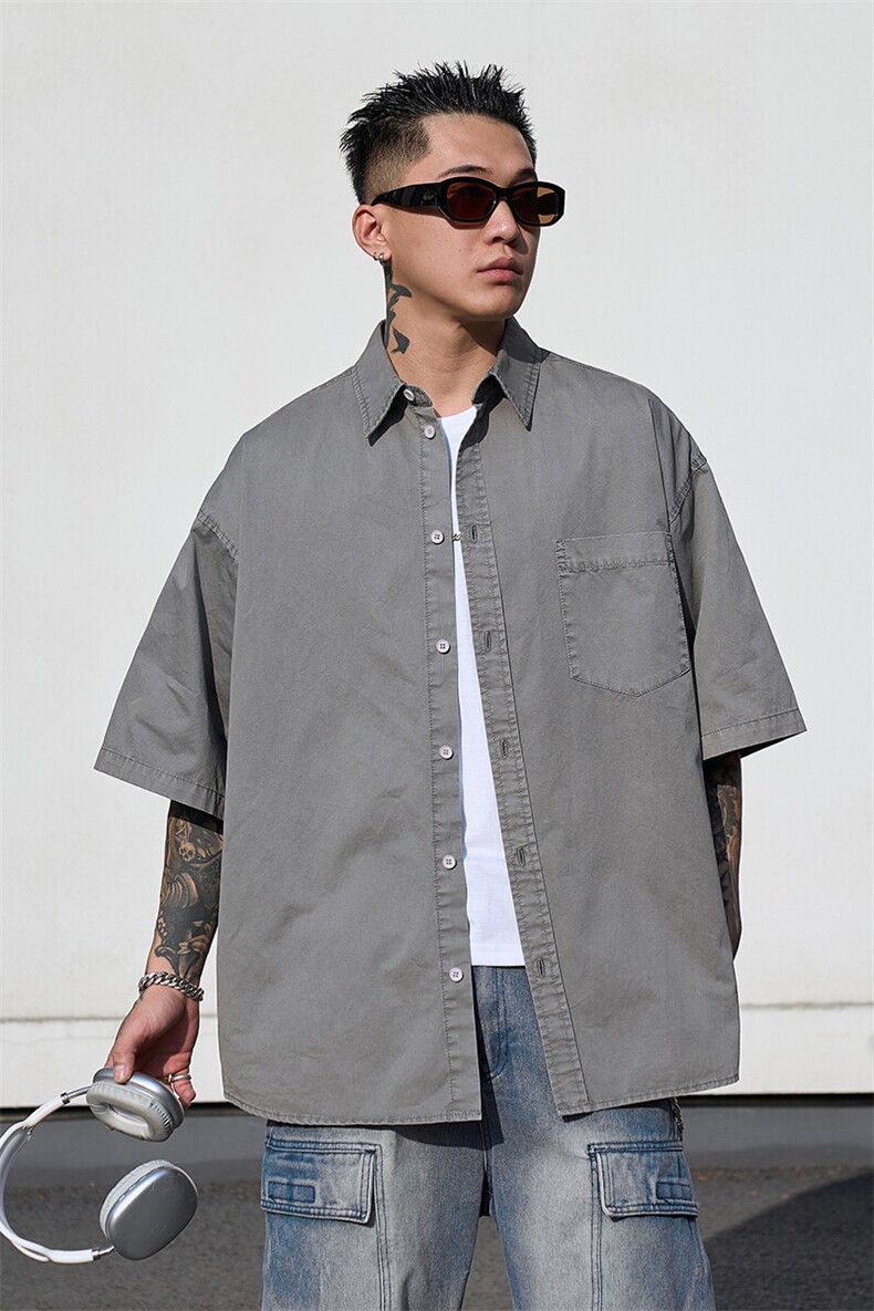 美式工装衬衫短袖夏季宽松纯棉脏染衬衣男A436-0628-P4569,男装衬衫,电商A436