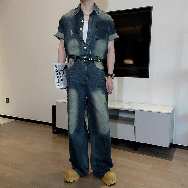 夏季网红水洗破洞短袖牛仔衬衫牛仔裤套装男潮TZ289上衣88裤子85，男装牛仔裤，电商B267