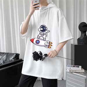 LD54158-P45 连帽短袖t恤男大码胖子带帽五分袖中袖图片