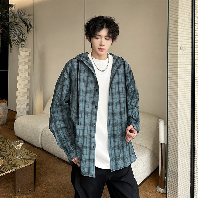 夏季新款轻薄连帽防晒衬衫潮流慵懒风休闲格子防晒衣，男装防晒衣，星座410-7