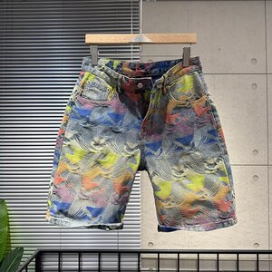 WE1561-P53 2025夏季新款高街水洗彩绘提花牛仔裤短裤图片