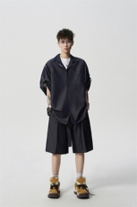 8XL-M夏季简约高级感冰丝牛仔古巴领男休闲痞帅宽松套装潮TZ109，男装休闲套装，电商D206-1