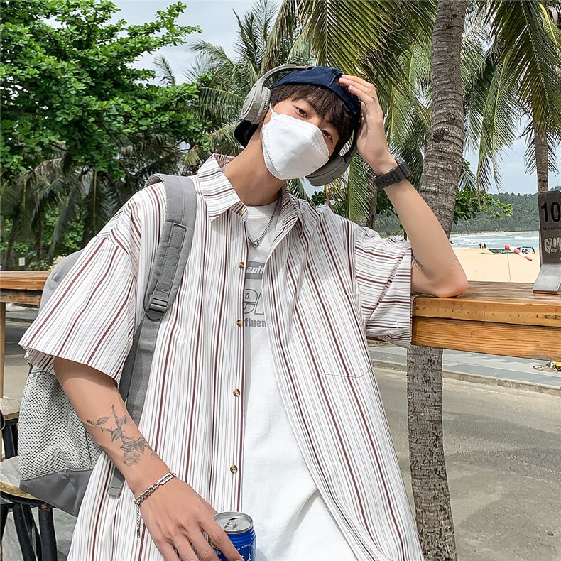 23冰丝港风条纹衬衫男短袖宽松薄款衬衣半袖DX168P3555,男装T恤,电商B413-1