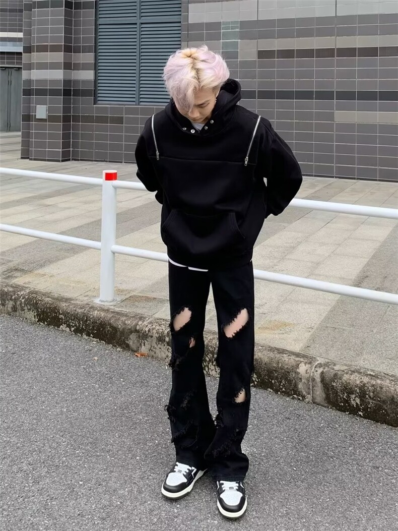 美式复古破洞微喇叭黑色牛仔裤男高街NT201P40,男装牛仔裤,星座1116-2