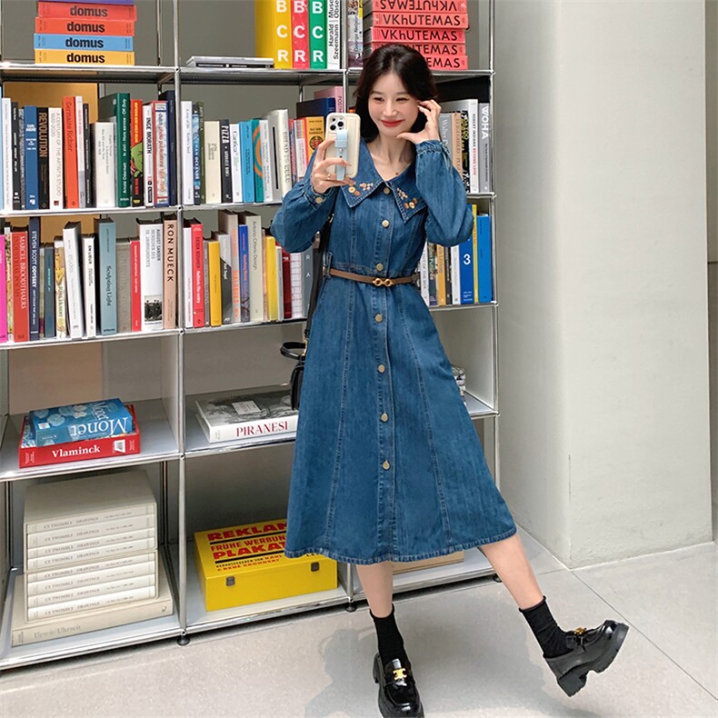 娃娃领单排扣牛仔连衣裙女2025春季新款韩版学生连衣裙,女装连衣裙,2D076