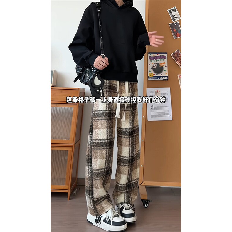 宽松版型潮搭出街休闲裤格子撞色松弛感复古长裤K691P45控78，男装休闲裤，电商A102B