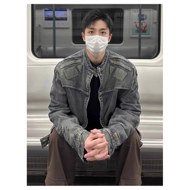 美式复古设计感浮雕机车盔甲牛仔外套男秋季宽松立领夹克J8865,男装工装外套,星座1116A（原606A-3）