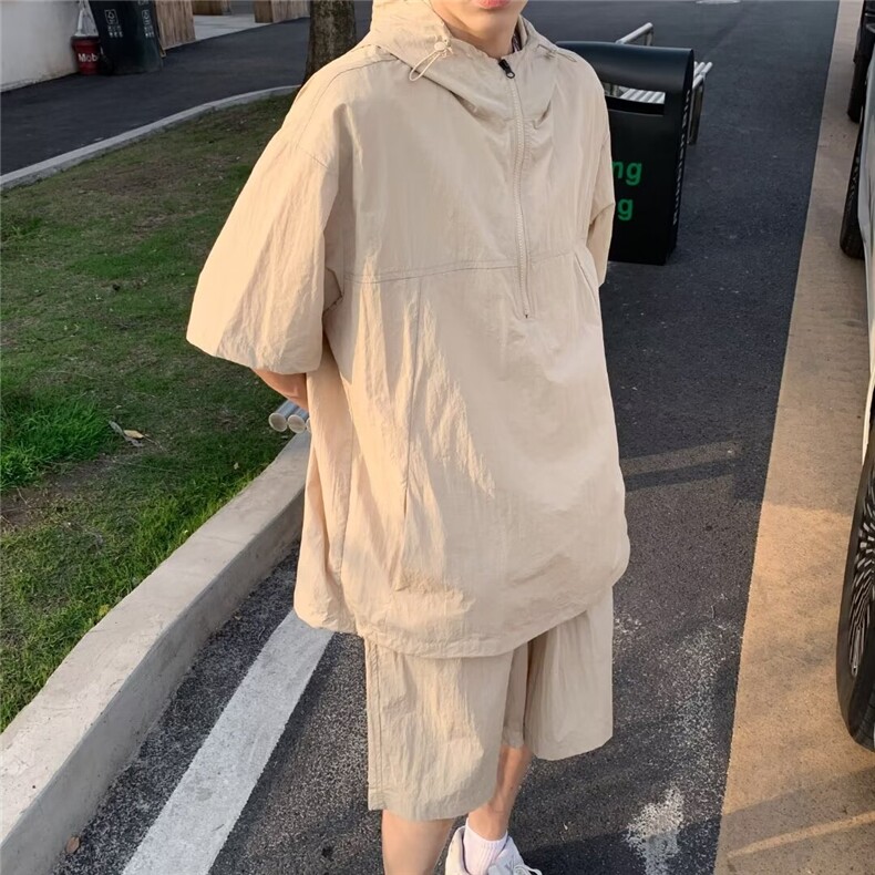 夏季男士日系风套装工装款短袖短裤休闲宽松外套衬衣薄款连帽,男装牛仔裤,星座716-2