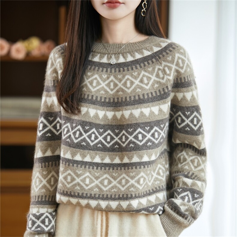 复古拼色提花100%纯羊毛衫女2025新款宽松加厚针织打底衫毛衣，女装羊毛衫，迅太羊绒